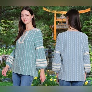 Tru Luxe Womens Embroidered Peasant Top Blouse Tunic Size M Boho Teal NWT